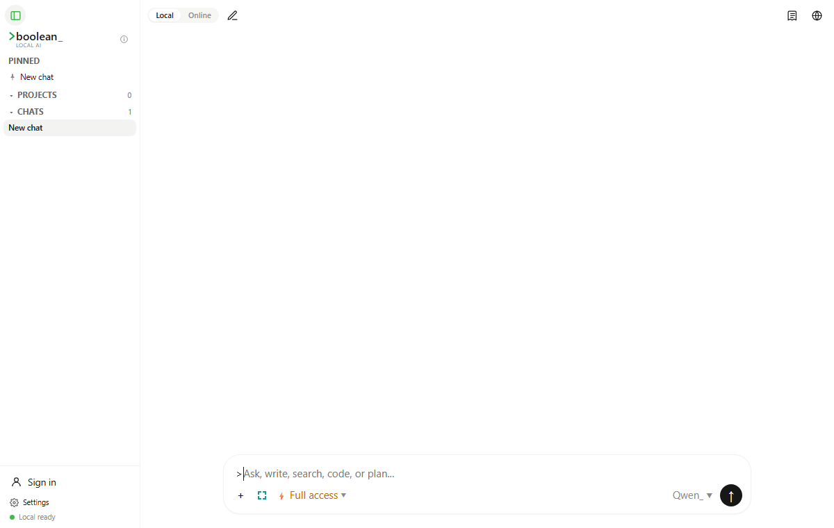 Boolean desktop app with sidebar, chat composer, local mode, settings, and model controls.